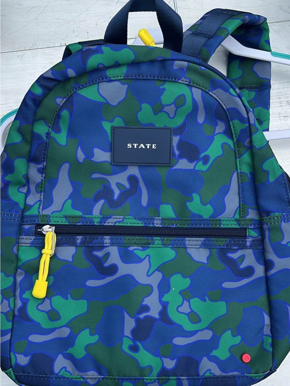 STATE Kane mini Blue & Green Camo Backpack with Yellow Pull